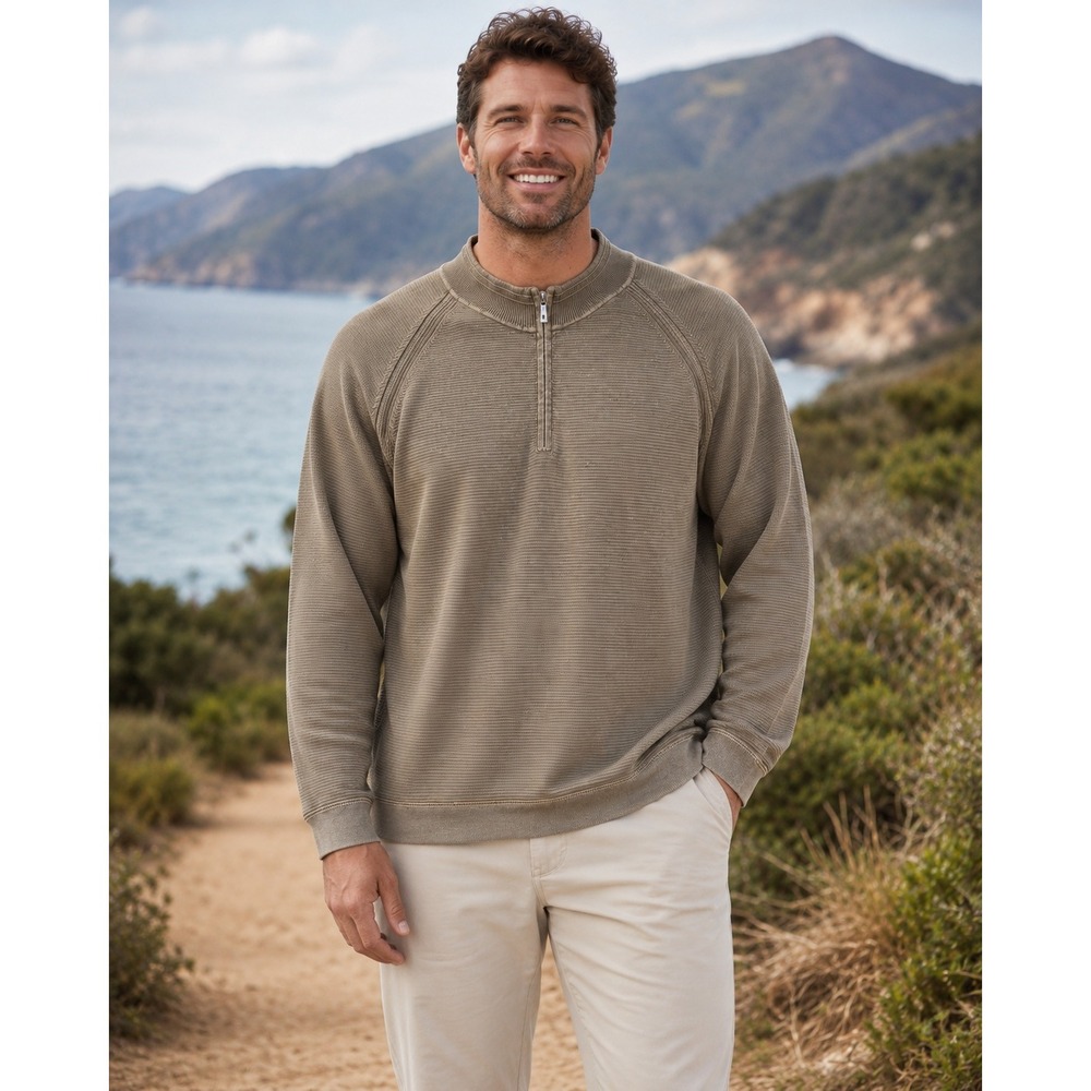 Tommy Bahama Relax Pullover Men 3XB Brown Cotton Ribbed Quarter Zip Sweater